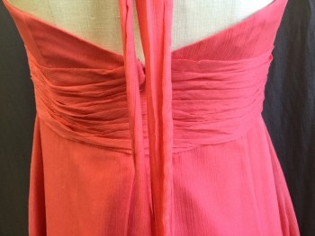 Womens, Evening Gown, MONIQUE LHUILLIER, Orange, Silk, Polyester, Solid, B:36, 8, W:28, Silk Crepe, A-Line with Pleated Criss-cross Halter Top, Matching Lining, CB Zipper