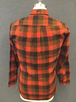 PENDLETON, Red-Orange, Black, Brown, Wool, Check , Wool Flannel, Button Front, Collar Attached, Button Down Collar, Long Sleeves, 1 Pocket
