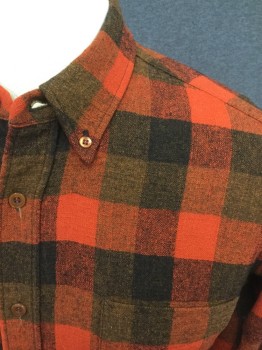 PENDLETON, Red-Orange, Black, Brown, Wool, Check , Wool Flannel, Button Front, Collar Attached, Button Down Collar, Long Sleeves, 1 Pocket