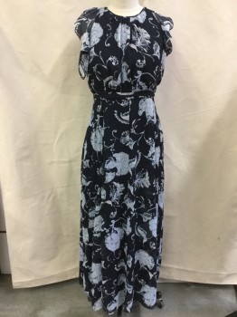 TOMMY HILFIGER, Navy Blue, Baby Blue, Polyester, Floral, Long Dress, Navy Western, Baby Blue, White Floral Print, Dark Navy Lining, Gathered Round Neck,  Ruffle Cap Sleeves, 1" Waistband, Flair Bottom