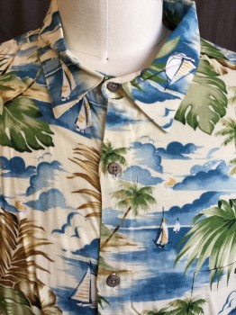 ISLAND SHORES, White, Teal Blue, Green, Brown, Beige, Rayon, Tropical , Palm Tree, Sail Boats and Ocean Print, Button Front, Collar Attached, Short Sleeves,