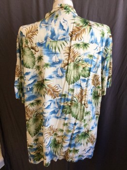 ISLAND SHORES, White, Teal Blue, Green, Brown, Beige, Rayon, Tropical , Palm Tree, Sail Boats and Ocean Print, Button Front, Collar Attached, Short Sleeves,