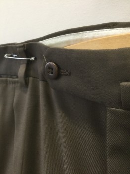 ERMENEGILDO ZEGNA, Brown, Wool, Solid, Twill, Double Pleated, Button Tab Waist, Zip Fly, 5 Pockets Including 1 Watch Pocket, Relaxed Leg, 90's/00's