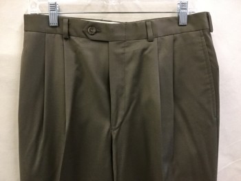 LAUREN/MICHAEL RYAN, Khaki Brown, Wool, Solid, Pants, Dark Khaki, 2 Pleats Front, Zip Front, 4 Pockets, with Cuff Hem