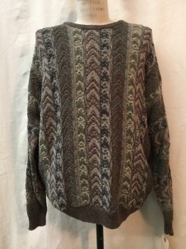 Mens, Pullover Sweater, NOTHERN ISLES, Sage Green, Brown, Taupe, Slate Gray, Cotton, Nylon, Novelty Pattern, XL, Sage Green, Brown, Taupe, Slate Gray Novelty Print, Crew Neck,