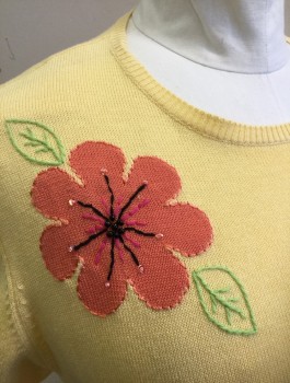 ALFRED DUNNER, Butter Yellow, Multi-color, Cotton, Acrylic, Novelty Pattern, Floral, Butter Knit with Novelty Daisies and Butterflies Pattern with Seed Bead Accents, Short Sleeves, Scoop Neck, Padded Shoulders