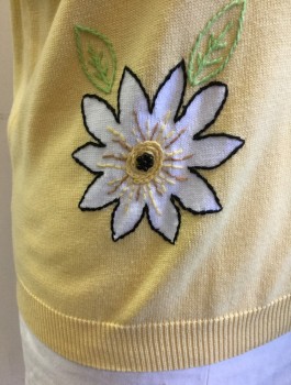 ALFRED DUNNER, Butter Yellow, Multi-color, Cotton, Acrylic, Novelty Pattern, Floral, Butter Knit with Novelty Daisies and Butterflies Pattern with Seed Bead Accents, Short Sleeves, Scoop Neck, Padded Shoulders