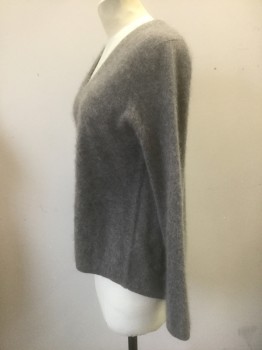 Womens, Pullover, BANANA REPUBLIC, Warm Gray, Cashmere, Solid, XS, Fuzzy Texture Knit, Long Sleeves, V-neck, High/Low Hemline