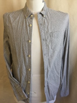 ALL  SAINTS, Heather Gray, Off White, Cotton, Dots, Collar Attached, Button Down, 1 Pocket, Long Sleeves,