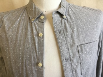 ALL  SAINTS, Heather Gray, Off White, Cotton, Dots, Collar Attached, Button Down, 1 Pocket, Long Sleeves,