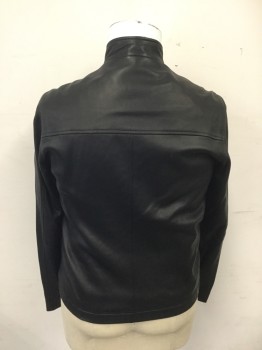 Mens, Leather Jacket, THEORY, Black, Leather, Solid, Ch 44, L, Zip Front, Stand Collar, Long Sleeves, 2 Zip Pockets, Elastic Back Waistband