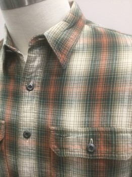 DOUBLE RL, Beige, Dk Green, Rust Orange, Ecru, Cotton, Plaid, Long Sleeve Button Front, Collar Attached, 2 Patch Pockets with Button Flap Closures, High End/Upscale Item
