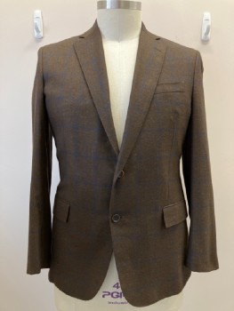 BROOKS BROTHERS, Dk Brown, Navy Blue, Cashmere, Plaid-  Windowpane, Notched Lapel, 2 Buttons, SB. 1 Welt Pocket, 2 Flap Pockets, Pick Stitching On Collar & Lapel, Double Vents
