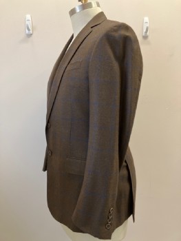 Mens, Sportcoat/Blazer, BROOKS BROTHERS, Dk Brown, Navy Blue, Cashmere, Plaid-  Windowpane, 43 R, Notched Lapel, 2 Buttons, SB. 1 Welt Pocket, 2 Flap Pockets, Pick Stitching On Collar & Lapel, Double Vents