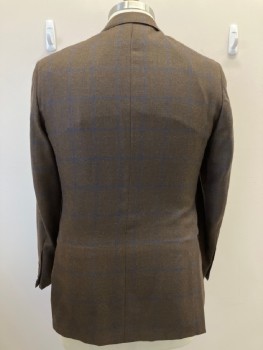 BROOKS BROTHERS, Dk Brown, Navy Blue, Cashmere, Plaid-  Windowpane, Notched Lapel, 2 Buttons, SB. 1 Welt Pocket, 2 Flap Pockets, Pick Stitching On Collar & Lapel, Double Vents