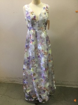 BCBG, White, Purple, Pink, Yellow, Brown, Synthetic, Floral, White with Purple/ Yellow/ Brown Floral Print, Plunge Neck with Strap, Sleeveless, Pleated Skirt