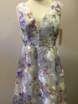 BCBG, White, Purple, Pink, Yellow, Brown, Synthetic, Floral, White with Purple/ Yellow/ Brown Floral Print, Plunge Neck with Strap, Sleeveless, Pleated Skirt