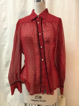 FRAME, Red, White, Black, Silk, Polka Dots, Sheer Red, White Polka Dots, Black Velvet Trim, Button Front, Collar Attached, Long Sleeves,