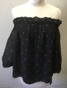 Womens, Blouse, I.N.C., Black, White, Polyester, Dots, L, Sheer Chiffon with White Embroidered Dot Pattern, Pullover, 3/4 Sleeves, Off the Shoulder Neckline with Smocked Detail, Elastic Cuffs