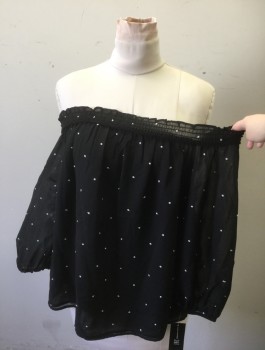 I.N.C., Black, White, Polyester, Dots, Sheer Chiffon with White Embroidered Dot Pattern, Pullover, 3/4 Sleeves, Off the Shoulder Neckline with Smocked Detail, Elastic Cuffs