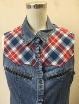 FOREVER 21, Denim Blue, Red, Navy Blue, Cream, Cotton, Solid, Plaid, Chambray with Red/Blue/White Plaid Flannel Western Style Yoke at Shoulders, Sleeveless, Snap Front, 2 Faux Welt Pockets with Black Pleather Edging