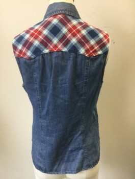 FOREVER 21, Denim Blue, Red, Navy Blue, Cream, Cotton, Solid, Plaid, Chambray with Red/Blue/White Plaid Flannel Western Style Yoke at Shoulders, Sleeveless, Snap Front, 2 Faux Welt Pockets with Black Pleather Edging