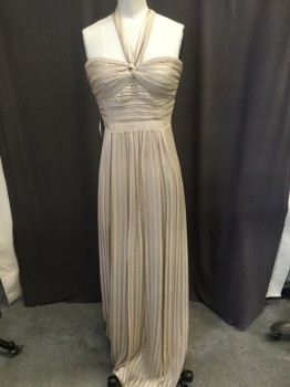 BCBG, Tan Brown, Silk, Stripes, Striped Chiffon, Ruched Bust with Knot Detail and Chiffon Halter Straps, Grosgrain Ribbon Waist