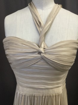 BCBG, Tan Brown, Silk, Stripes, Striped Chiffon, Ruched Bust with Knot Detail and Chiffon Halter Straps, Grosgrain Ribbon Waist