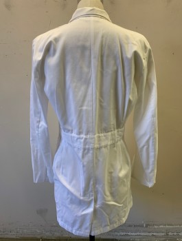 LANDAU, White, Polyester, Cotton, Solid, 4 Buttons, Notched Lapel, 3 Patch Pockets, Navy Medical Symbol Embroidered at Chest, Belted Back