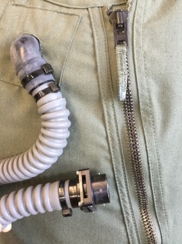N/L, Olive Green, Cotton, Polyester, Solid, Round Neck, Flap Over with Slant, Offside Brass Zip Front, Diamond Patch with Gray Rubber Hose/ Black Piece Attached, Elastic Work, Olive Lacing &  Side Zip Back