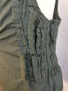 N/L, Olive Green, Cotton, Polyester, Solid, Round Neck, Flap Over with Slant, Offside Brass Zip Front, Diamond Patch with Gray Rubber Hose/ Black Piece Attached, Elastic Work, Olive Lacing &  Side Zip Back