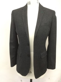 TED BAKER, Charcoal Gray, Wool, Polyamide, Birds Eye Weave, Single Breasted, Collar Attached, Notched Lapel, 3 Pockets, 2 Buttons, Lobster Still Life on An Easel Lining