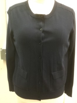 Womens, Sweater, BANANA REPUBLIC, Navy Blue, Rayon, Polyester, Solid, L, Crew Neck, Long Sleeves, Cardi, 2 Flap Pockets, Ribbed Shoulders