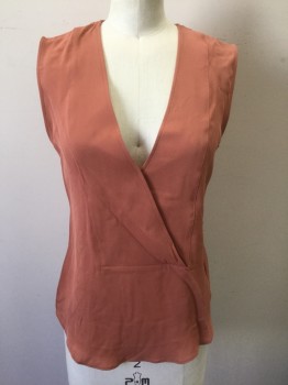 Womens, Shell, THEORY, Terracotta Brown, Silk, Solid, S, Crepe, Sleeveless, Wrapped V-neck