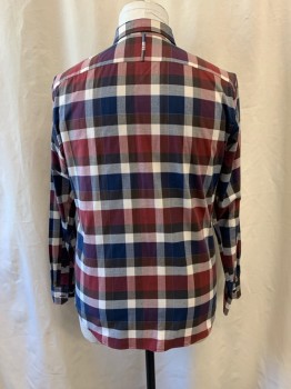 BANANA REPUBLIC, Red Burgundy, Dk Brown, Navy Blue, White, Lt Blue, Cotton, Plaid, Collar Attached, Button Front, Long Sleeves
