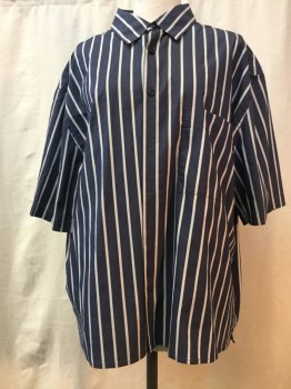 VINCE, Navy Blue, Lt Gray, Cotton, Polyester, Stripes, Button Front, Collar Attached, Short Sleeves, 1 Pocket,