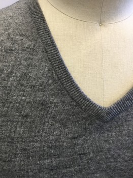 Mens, Pullover Sweater, J CREW, Lt Gray, Gray, Cotton, Speckled, 42, Large, V-neck, Long Sleeves, Fine Knit