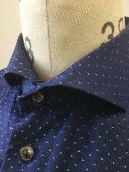 Mens, Casual Shirt, ETON, Blue, Mint Green, Cotton, Dots, M, Button Front, Collar Attached, Long Sleeves, * Damage on Left Cuff
