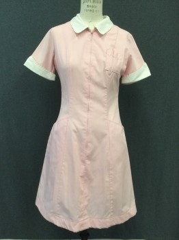 Womens, Waitress/Maid, WHITE SWAN, Lt Pink, White, Polyester, Cotton, Solid, B 38, 8, W29, Zip Front, 3 Pockets, Short Sleeves, White Collar Attached with Scallopped Detail, White Turned Back Cuff with Scallopped Detail