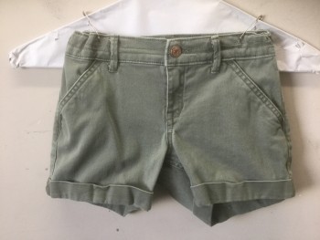 ABERCROMBIE KIDS, Sage Green, Cotton, Spandex, Solid, Girls, Dusty Sage Green, Twill,  3.5" Inseam, Cuffed Hem/Leg Openings, Elastic at Sides of Waist, Zip Fly, 4 Pockets, Has a Double (FC055541)