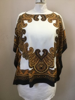 Womens, Top, MICHAEL KORS, White, Gold, Brown, Black, Polyester, Paisley/Swirls, L/XL, Bateau/Boat Neck, Scarf Top, Short Sleeves,
