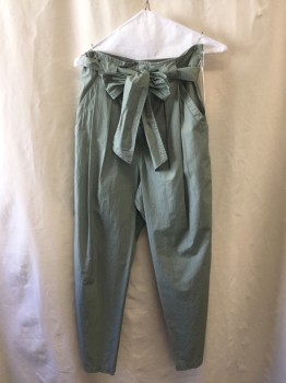 LA VIE , Mint Green, Cotton, Solid, Cool Cotton Poplin, Tapered to Crop Fit, Double Pleats, High Waisted, 4 Pockets, Zip Front, Self Tie Belt