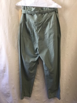 LA VIE , Mint Green, Cotton, Solid, Cool Cotton Poplin, Tapered to Crop Fit, Double Pleats, High Waisted, 4 Pockets, Zip Front, Self Tie Belt