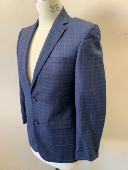 MOODS OF NORWAY, Navy Blue, Lt Brown, Wool, Linen, Plaid, Single Breasted, Notched Lapel, 2 Buttons, 3 Pockets, Bright Blue Lining