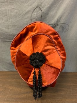 NL, Burnt Orange, Cotton, Synthetic, Over-sized Beret Shaped, Velvet Finish, Gross-Grain Band, Pleated Circle with Black Velvet Trim, Beaded Wires, & Feathers Attached at Front, Light to Dark Color Block Circle at Back with Black Crochet & Beaded Tassels