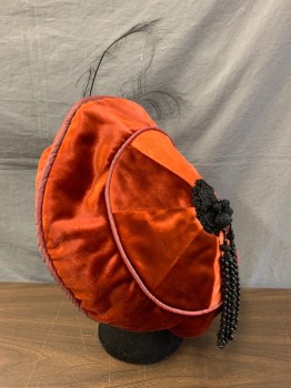 NL, Burnt Orange, Cotton, Synthetic, Over-sized Beret Shaped, Velvet Finish, Gross-Grain Band, Pleated Circle with Black Velvet Trim, Beaded Wires, & Feathers Attached at Front, Light to Dark Color Block Circle at Back with Black Crochet & Beaded Tassels