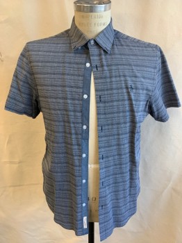 Mens, Casual Shirt, PENGUIN, Gray, Off White, Black, Brown, Cotton, Polyester, 2 Color Weave, Stripes - Horizontal , M, Collar Attached, Button Down, Button Front, Steel Blue Inside Placket Front, Short Sleeves, Curved Hem