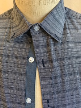PENGUIN, Gray, Off White, Black, Brown, Cotton, Polyester, 2 Color Weave, Stripes - Horizontal , Collar Attached, Button Down, Button Front, Steel Blue Inside Placket Front, Short Sleeves, Curved Hem