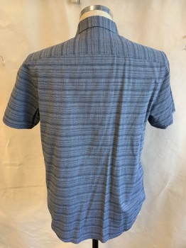 Mens, Casual Shirt, PENGUIN, Gray, Off White, Black, Brown, Cotton, Polyester, 2 Color Weave, Stripes - Horizontal , M, Collar Attached, Button Down, Button Front, Steel Blue Inside Placket Front, Short Sleeves, Curved Hem