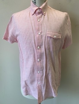 J.CREW, Pink, White, Linen, Cotton, Stripes - Micro, Stripes - Horizontal , Short Sleeve Button Front, Collar Attached, Button Down Collar, 1 Patch Pocket with Flap Closure